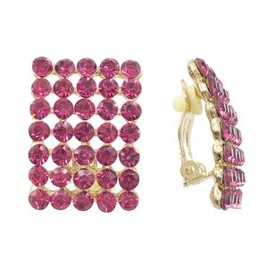 Dark Pink Rhinestone Gold Formal Clip On Earrings
